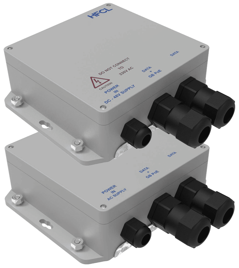 HFCL by IO HF-POE20-AC-O and HF-POE20-DC-O Outdoor PoE Injector - Power Over Ethernet